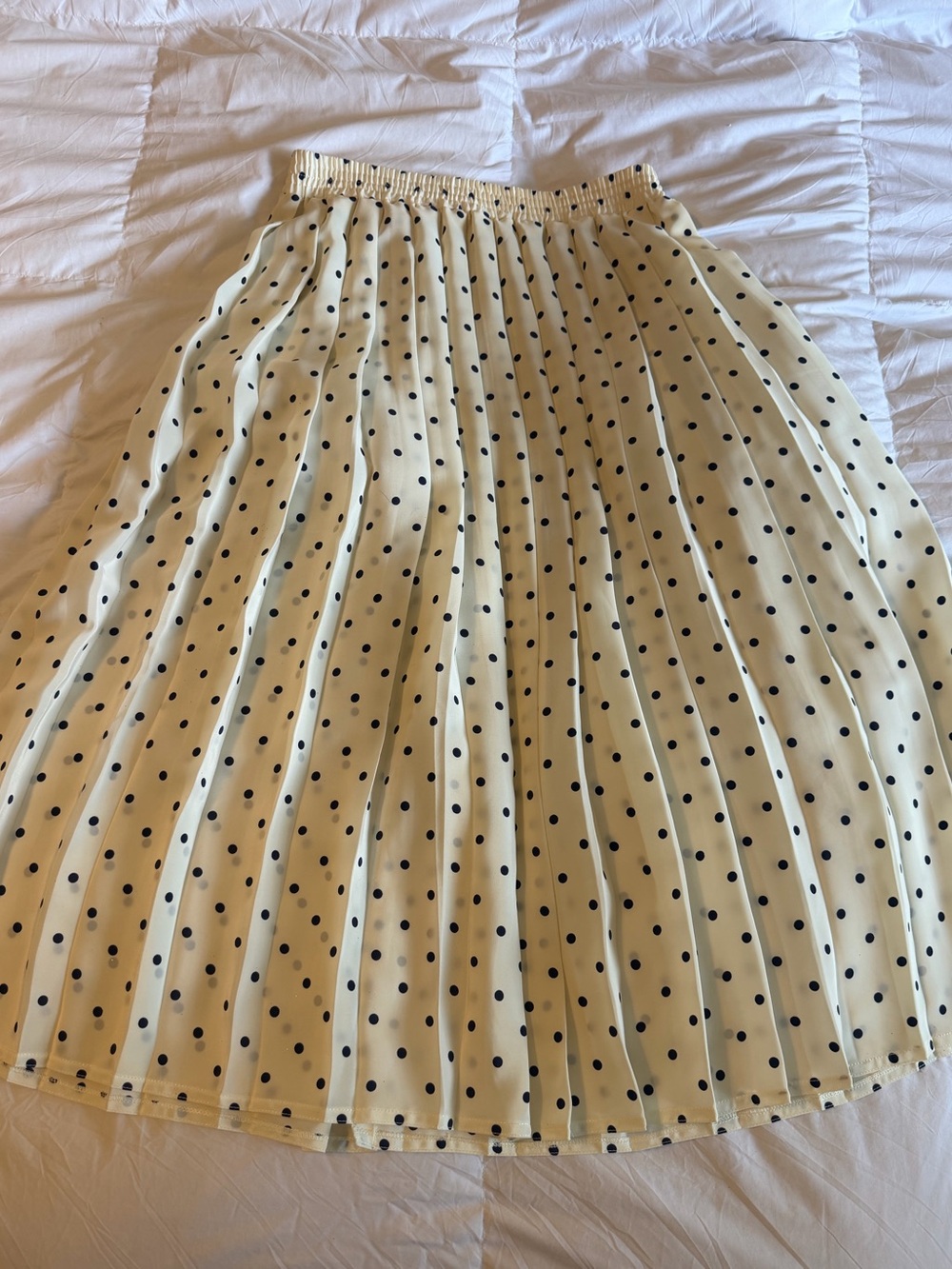 🐩 TANJAY Vintage Pleated Polka Dot Midi Skirt - Cream with Black Dots